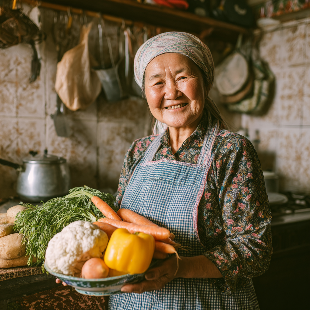 Улыбающаяся пожилая европейская пара изучает план здорового питания за столом с фруктами и овощами